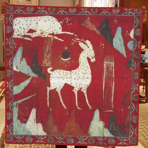 Detail of silk scarf featuring Dunhuang mural art with red Nine-Colored Deer pattern