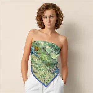 Artistic oil painting silk scarf worn as a stylish top with vibrant pastoral landscape print