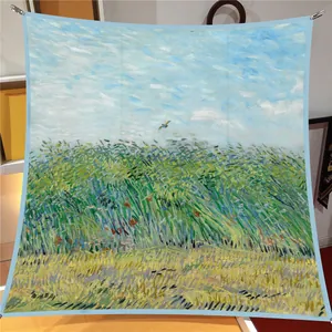 Foulard en soie série peinture à l'huile 90x90cm avec paysage de champ de blé