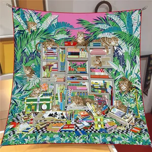 Artistic silk scarf mural display featuring leopards and fantasy library prints