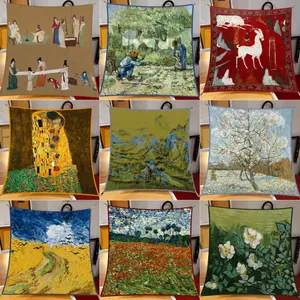 Artistic Oil Painting Satin Square Scarf For Women Retro National Style Headband Silk Like Neck Scarf Shawl Tourism Accessory