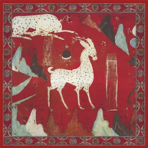 Traditional Chinese ink painting silk scarf with Dunhuang deer and mountain patterns
