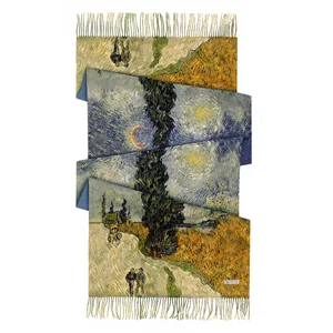 Λεπτομέρεια πασμίνας Van Gogh με κομψά κρόσσια και απαλή υφή από κασμίρ για γυναίκες
