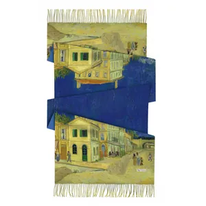 Λεπτομέρεια εκτύπωσης Van Gogh Yellow House σε κασμίρ κασκόλ 100% με κρόσσια