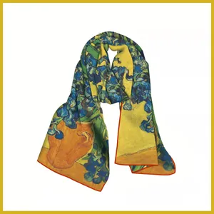 Detailed view of silk scarf with Van Gogh Iris print and orange hand-rolled edges