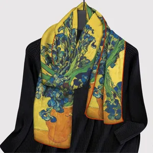 Artistic Van Gogh Iris print silk shawl scarf with vibrant yellow and blue floral patterns