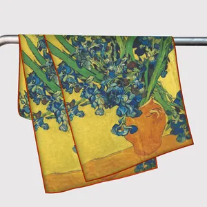 Artistic Van Gogh Irises floral silk scarf wrap with premium satin finish for women