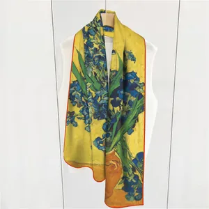 Floral print long scarf with Van Gogh Iris pattern in lemon yellow and blue colors