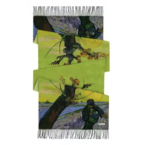 Λεπτομέρεια κασμίρ κασκόλ με εκτύπωση Van Gogh Ο Σπορέας στο ηλιοβασίλεμα και κρόσσια