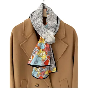 Floral cashmere scarf with vintage print on beige coat, elegant winter neck wrap