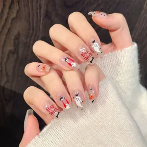 Halloween Pumpkin Ghost Spider Pattern Short Coffin Press On Nails Handmade Cartoon Devil Funny Decorative Nail Art Tips
