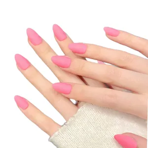 Matte hot pink long almond press-on nails on hands with a minimalist white background