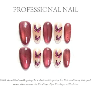 Uñas Postizas a Presión Hechas a Mano Ojo de Gato Diseño Mariposa Rojo Rosa Púrpura Forma Ovalada Larga Kit Profesional