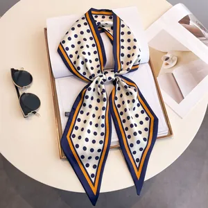 Elegant white skinny scarf with blue polka dots and orange color-block edges for women