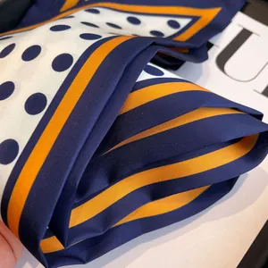 Chic blue and orange polka dot long silk scarf for women with striped edges and smooth texture