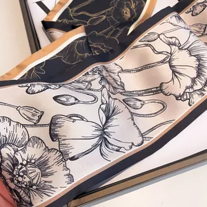 Elegant floral silk scarf with gold accents and contrast border for women accessories