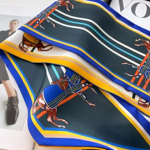 Elegant equestrian horse print skinny silk scarf with vibrant blue and orange stripes