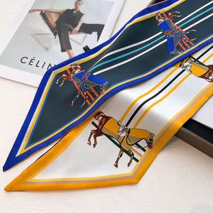 Elegant equestrian horse print silk neck scarf with stylish stripes for women