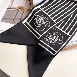 Elegant black and white long silk scarf with rose flower line art and striped patterns