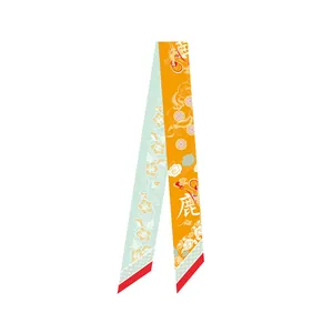 Detail of artistic Dunhuang twilly scarf featuring deer motifs and clouds pattern