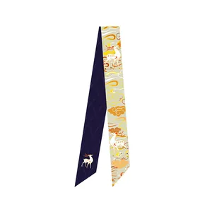 Detail of Dunhuang style silk scarf featuring purple wave texture and white deer motif