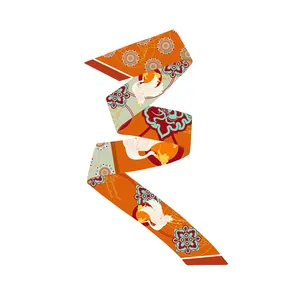 Detailed view of the Dunhuang style orange silk scarf with traditional crane patterns