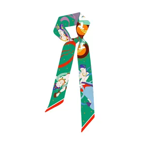 Vintage Chinese Style Dunhuang Mural Print Skinny Scarf Satin Ribbon For Hair Handbag Handle Flying Apsaras Crane Deer Pattern Accessory