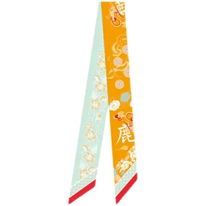 Dunhuang style silk twilly scarf featuring traditional deer and cloud patterns in green and orange