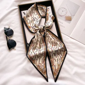 Elegant ivory twilly scarf with colorful letter print and black contrast borders