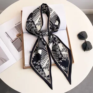Women Abstract Geometric Pattern Satin Skinny Scarf Long Hair Band Headband Neck Tie Decorative Ribbon Accessory Ladies Gift