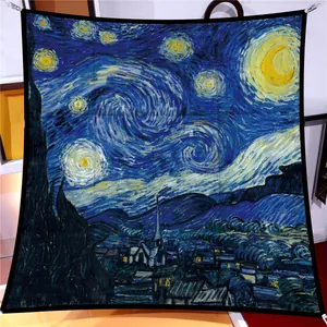 Detail of The Starry Night printed silk scarf with premium black stitched edges