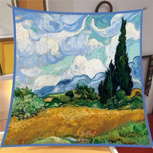 Detailed shot of Wheat Field with Cypresses art scarf hung by metal grommets on a wall