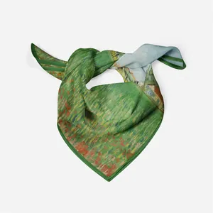 Artistic Van Gogh poppy field green silk square scarf with landscape oil painting print