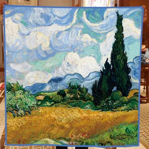 Close-up of lightweight square scarf with blue rolled edges and classic oil painting print