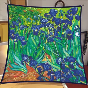 Detail showing the hemmed edge of the vintage Van Gogh Irises oil painting scarf