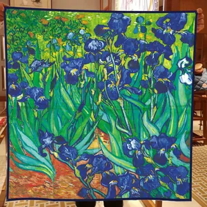 Detailed view of square silk scarf featuring Van Gogh's Iris oil painting artwork