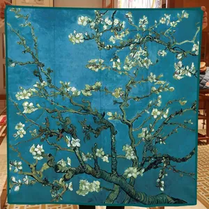 Detail of the Van Gogh Almond Blossom print texture on a premium square silk scarf