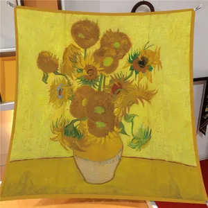 Detail of Van Gogh Sunflowers oil painting print on 90x90cm silky square scarf