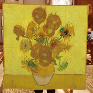 Detail of Van Gogh Sunflowers print on 90cm square silk scarf with textured fabric edges