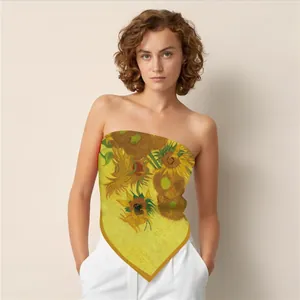 Detail of silk scarf with Van Gogh sunflower print worn as a chic bandeau top