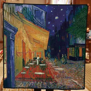 Close-up of Van Gogh Cafe Terrace oil painting print on 90x90cm square silk scarf