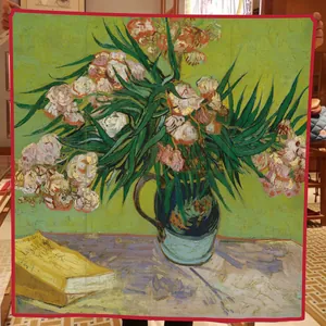 Detail of van Gogh Oleanders painting print on square silk scarf with red rolled edges