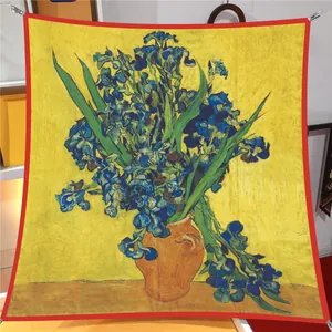 Detailed close-up of Van Gogh's Iris oil painting print on a 90x90cm square silk scarf