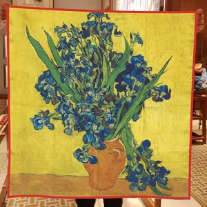 Classic oil painting silk scarf featuring Van Gogh Iris flowers in vibrant yellow