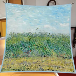 Detail of oil painting style silk scarf featuring Van Gogh art print and blue edge