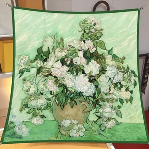 Close-up showing oil painting brushstrokes and rose detail on green silk scarf