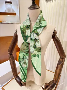 Detail view of Van Gogh style oil painting print on a slim silk twilly scarf