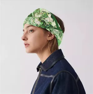 Elegant white rose oil painting style 90x90cm silk scarf worn as a stylish headband