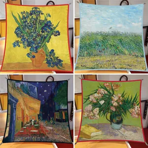 Van Gogh Oil Painting Series Satin Square Scarf Artistic Starry Night Sunflowers Almond Blossoms Large Elegant Headscarf Shawl Tapestry For Women Gift