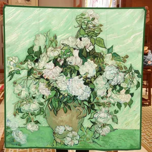 Van Gogh Roses oil painting print silk square scarf in mint green 90x90cm size